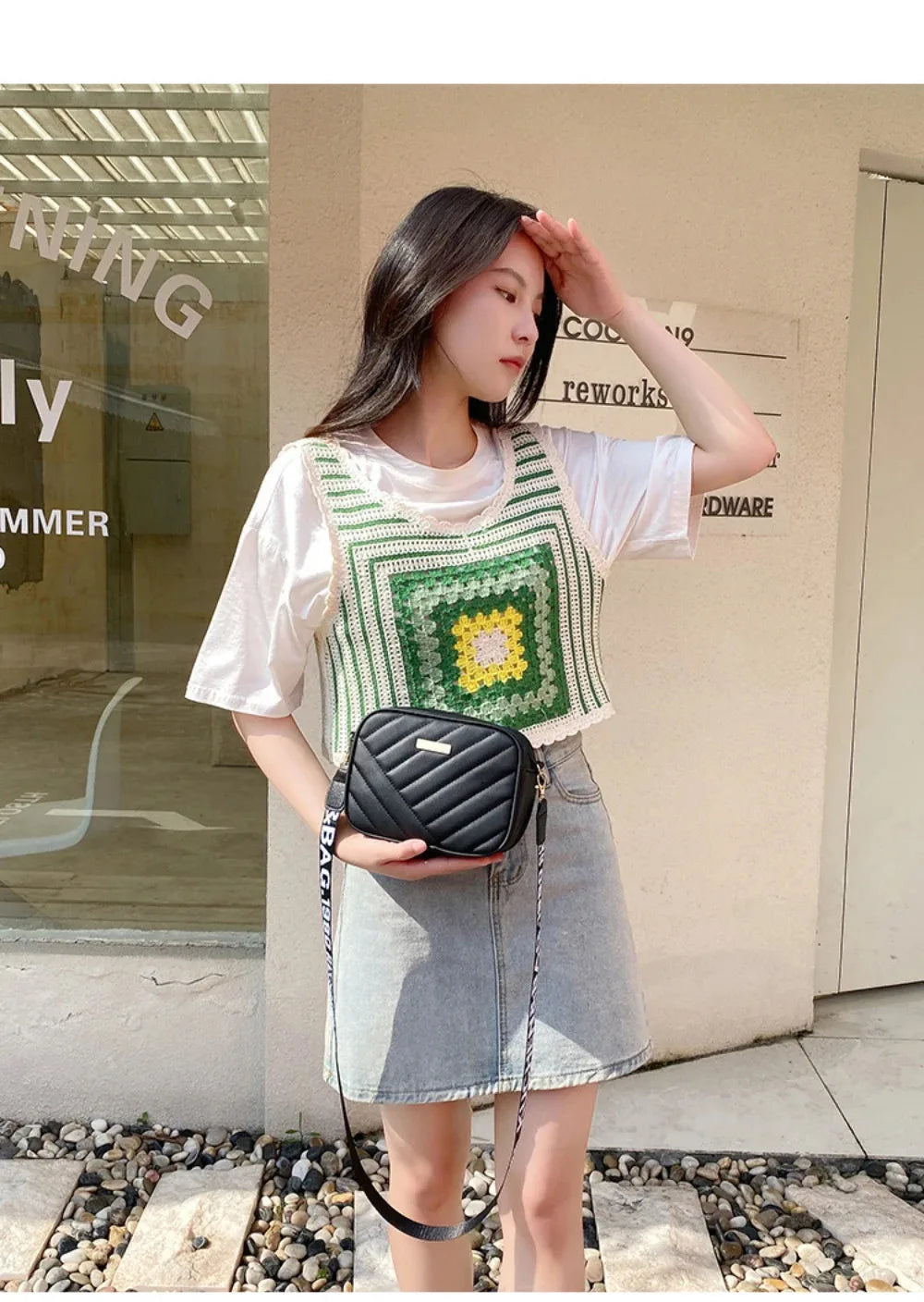 High quality women's PU rolling strip camera bag shoulder bag mobile phone bag casual crossbody bag