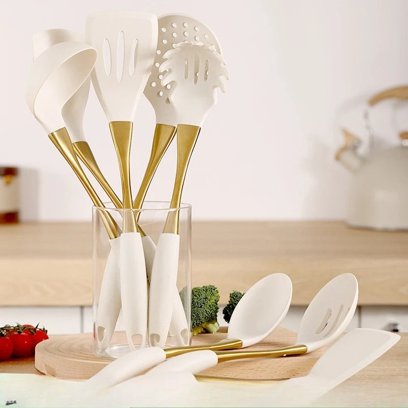 8-Piece Silicone Kitchen Utensil Set with Wooden Handles, Non-Scratch Spatula, Spoon, Tongs, Whisk & Brush for Cooking & Baking