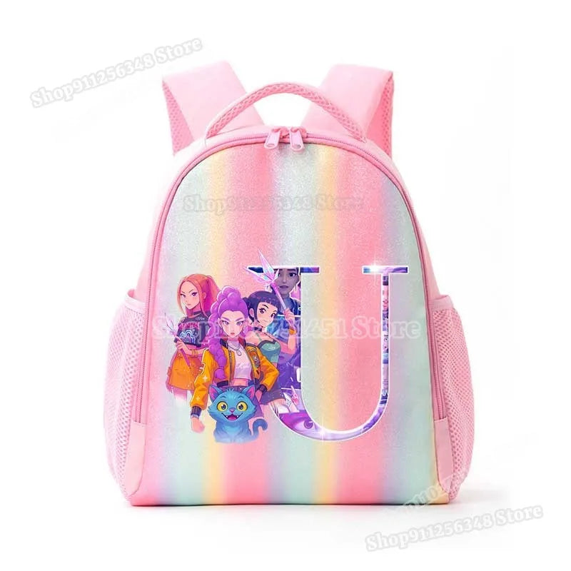 Anime K-pop Demon Hunters Letter A-Z Print Kids Backpack Girls Lightweight Casual School Back Pack Rainbow Color Mochilas Gifts