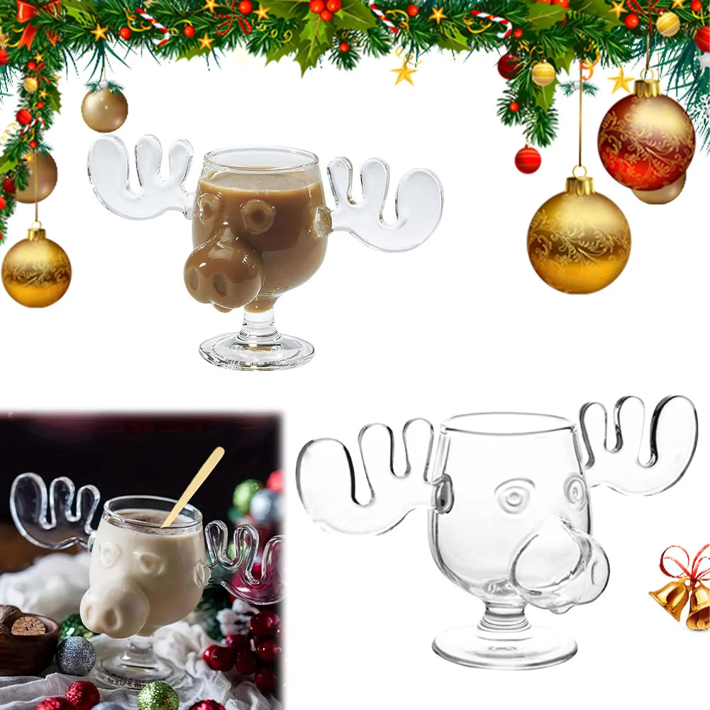 3-1PCS 240ml Christmas Vacation Eggnog Moose Mug Xmas Reindeer Head Creative Elk Glass Clear Wine Water Juice Milk Cup Drinkware
