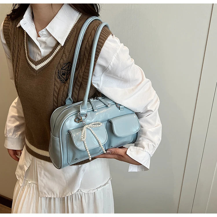 Solid Sewing Thread Fashion Glossy PU Shoulder Bags Baguette Versatile Hand Bags 2025 Hot Sale Bags for Women Bolsas Femininas