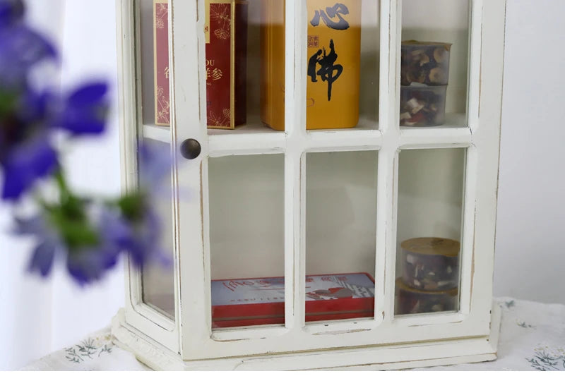 ‌Rustic Farmhouse Display Cabinet with Glass Doors Distressed White Solid Wood Storage Organizer for Kitchen/Office Vintage