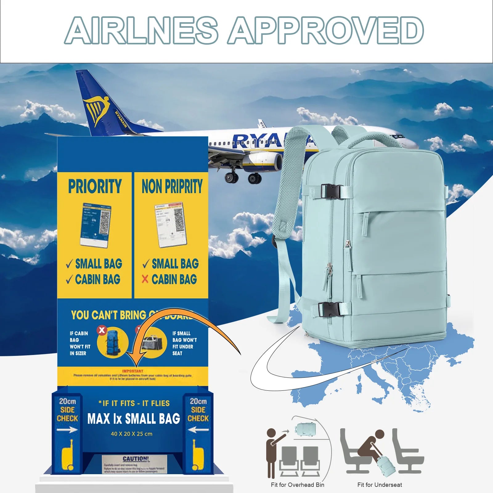 Women Men Hand Luggage Backpack Business College Laptop Travel Backpack Waterproof Carry on mochila viaje cabina avion 40x20x25