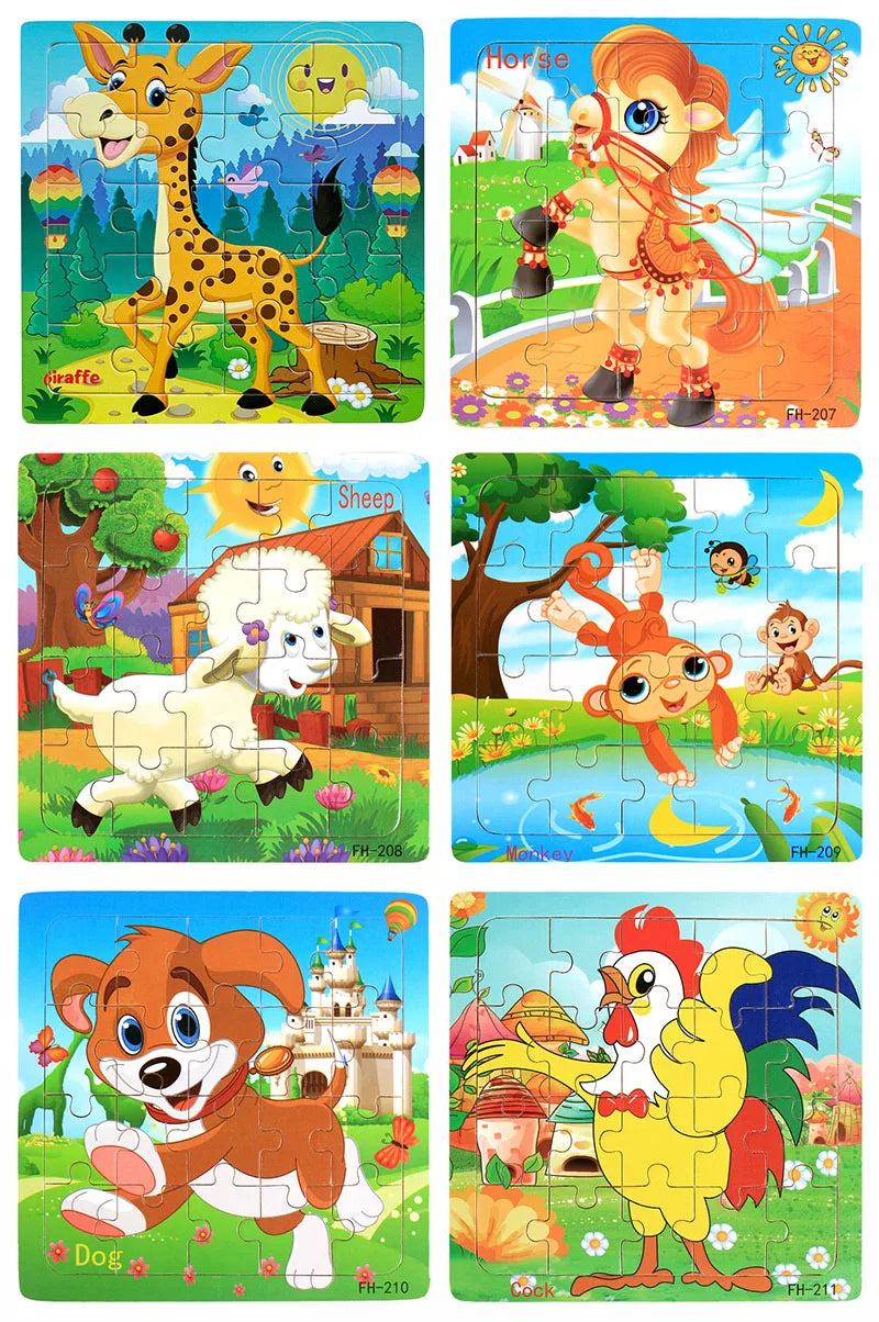 20piece Wooden Puzzle Cartoon Animals Car Letter Number Pattern Jigsaw Puzzles Game Kids Educational Learning Toys for Children