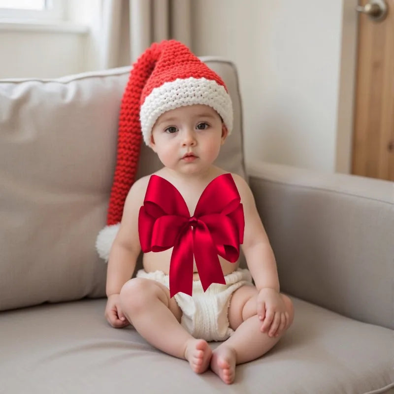 Christmas Theme Newborn Photography Props Soft Knitted Red Long Tail Fur Ball Christmas Hat Studio Baby Photoshoot Accessories