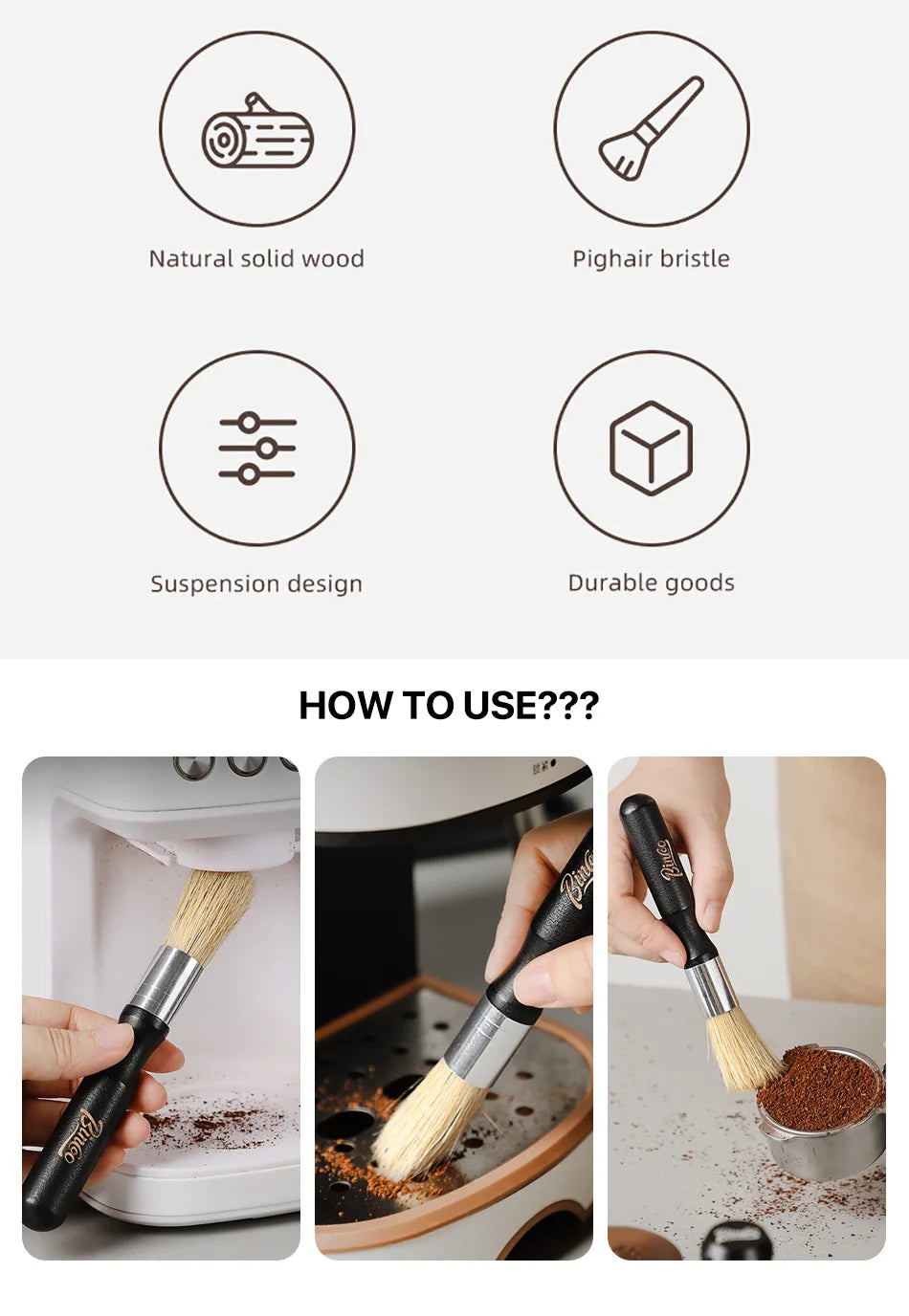 Vintage Coffee Brush Grinder Cleaning Tool Retro Barista Espresso Machine Cleaner Solid Wood Brush Coffee Machine Accessories