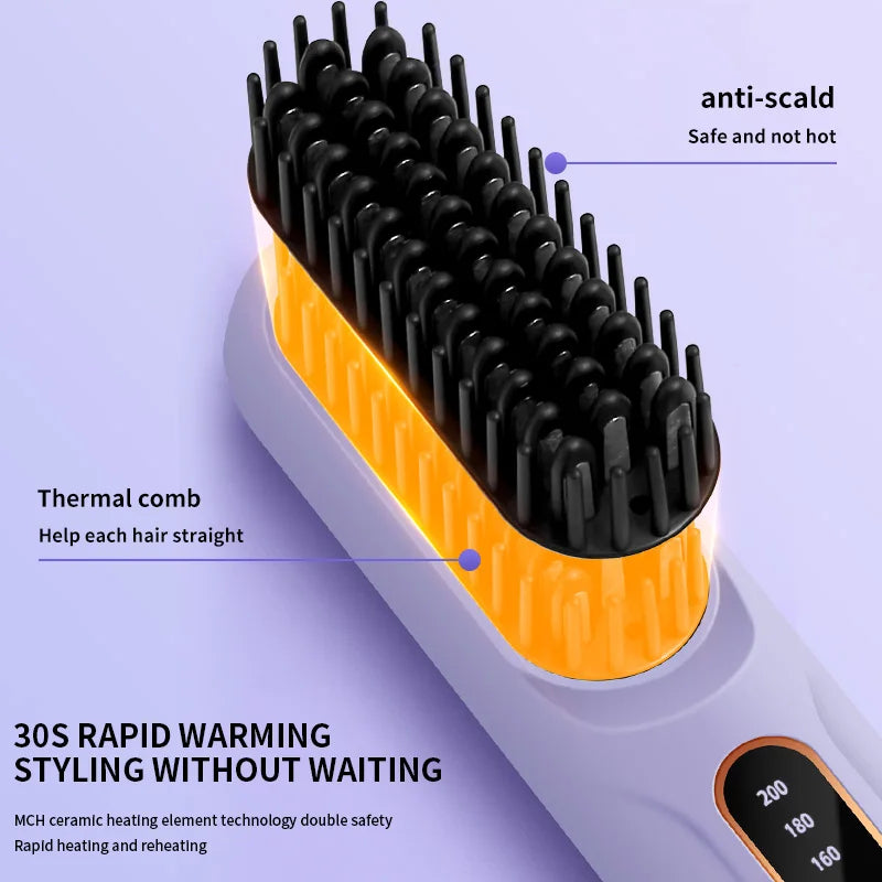 Electric Heating Straight Hair Comb LCD Screen USB Wireless Portable Negative Ion Styling Tool Rechargeable Straightening Brush