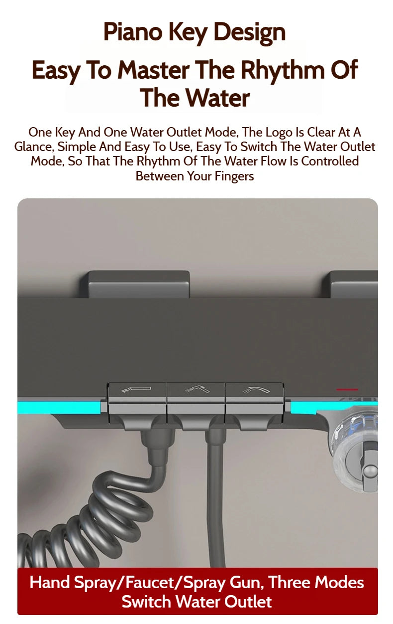 Grey Brass Waterfall Wall Mount Smart Temperature Digital Display Bathtub Faucet Bathroom Faucet Bath Shower Faucet Mixer Crane