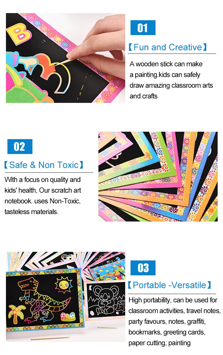 10pcs Magic Scratch Art Painting Cards for Kids Doodle Toys for Boys Girls Early Educational Learning Drawing Toys for Children