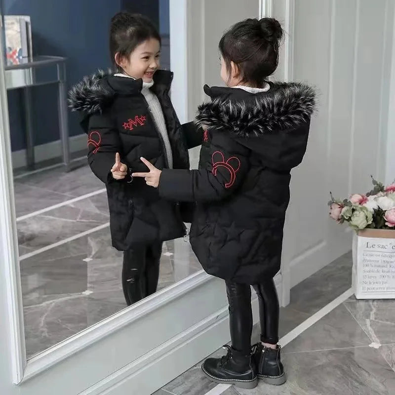 5-14 Years Old Winter Boys Girls Jacket Long Style Hooded Fur Collar Colorful Heavy Coat For Kids Children Outerwear