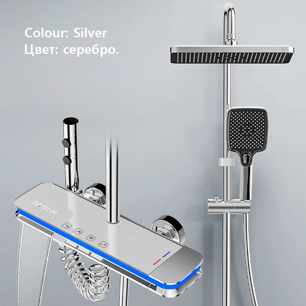 Bathroom Smart Shower System Set Temperature Digital Display LED Bathtub Rainfall Mixer Brass Shower Faucet Full Set with Lights
