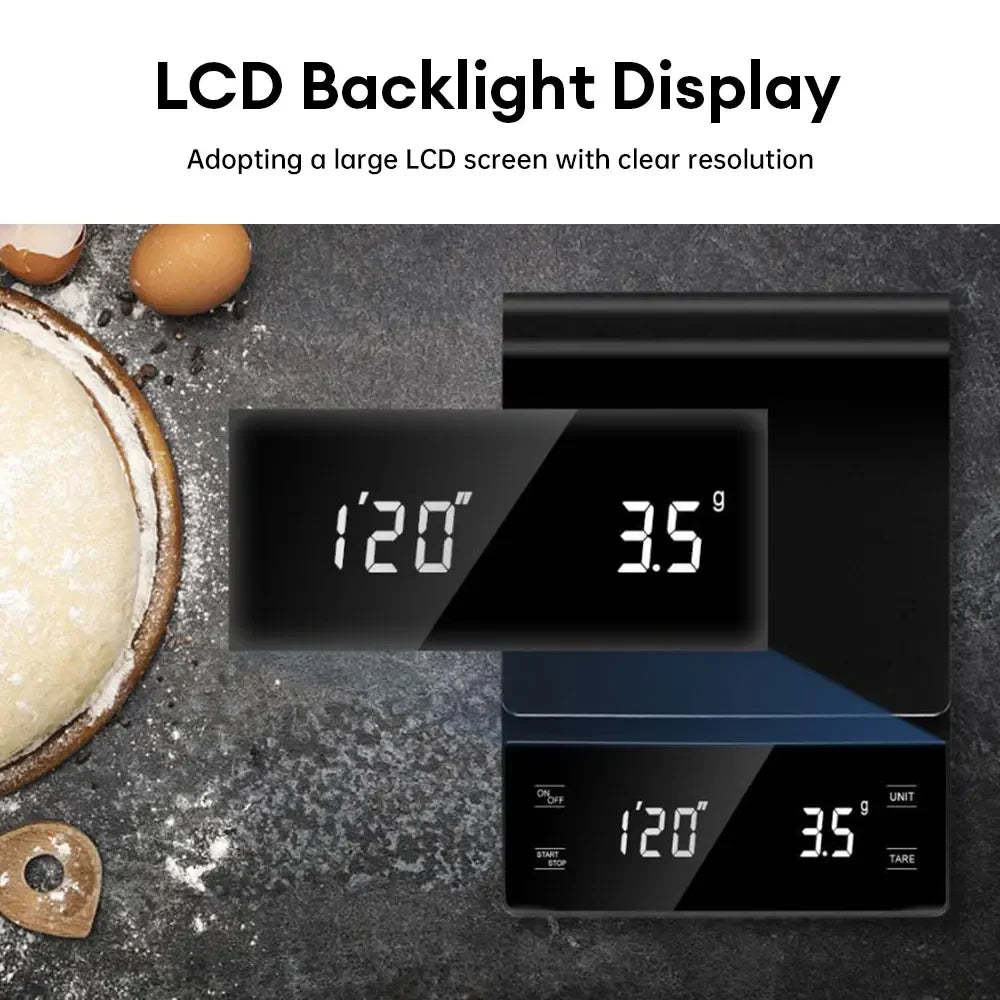 3kg/0.1g Precision Coffee Scale with Timer LCD Digital Kitchen Scale Multifunction Weighing Scale Pour Over Drip Coffee Scale