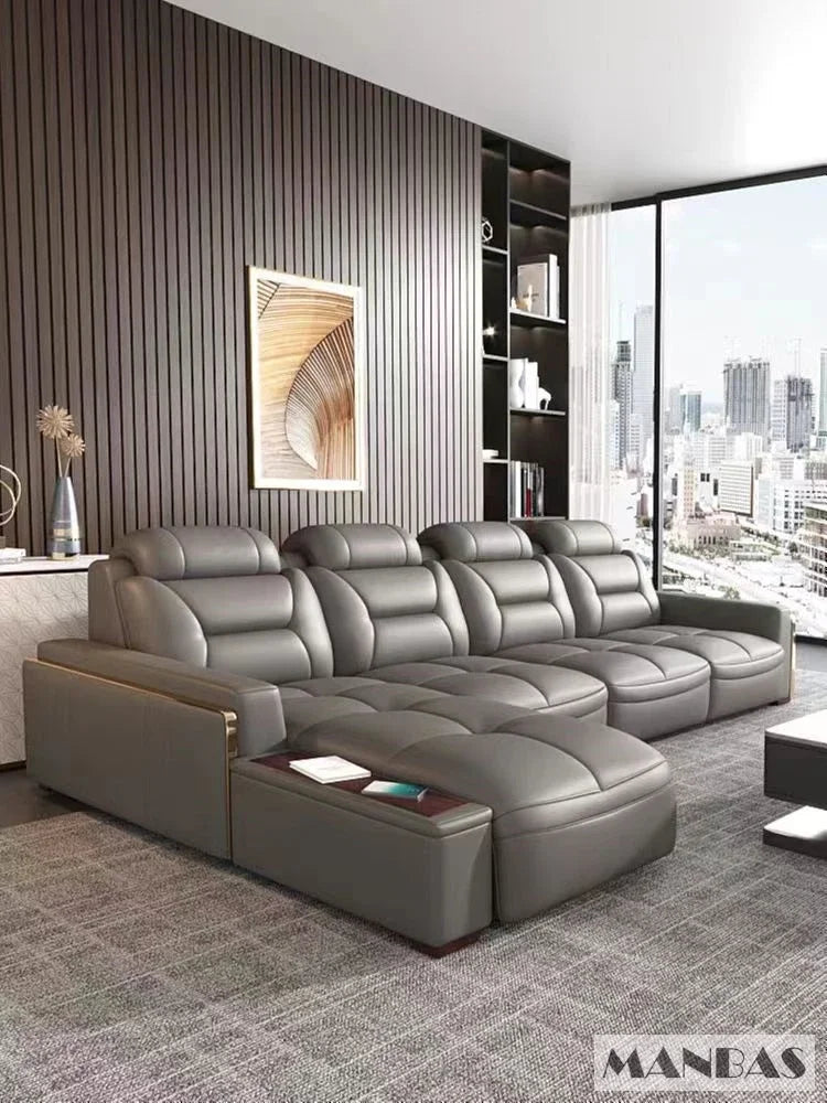 Premium Italian Genuine Leather Sectional Sofa Sets Couch Sofas with USB and Bluetooth Speaker - MANBAS Living Room Furniture