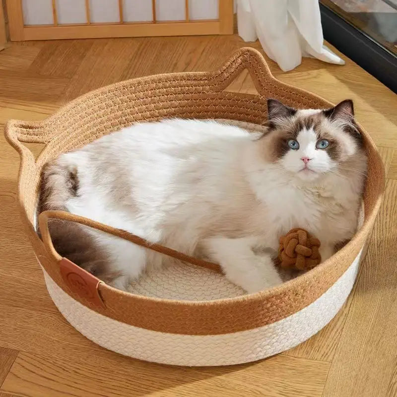 Japanese Pet Cat Bed Round Hand Woven Rattan Cat Beds Summer Cooling Kitten Basket Cotton Rope Cat Scratching Baskets