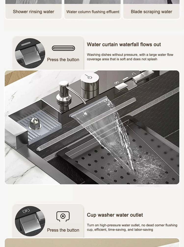 Kitchen Sink Stainless Steel Waterfall Sinks Extra Large Single Slot with Digital Display Faucet Set For kitchen