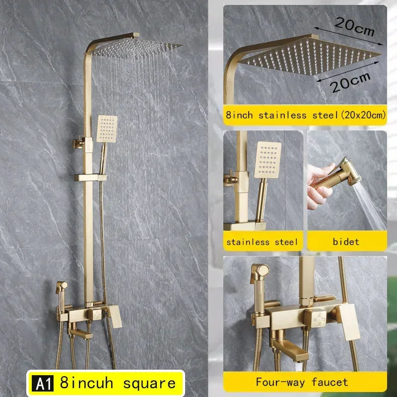 Black Gold Bathroom Shower System Brass Hot Cold Bathroom Faucets Set Accessories 10 Inch Stainless Steel Rain Shower Head