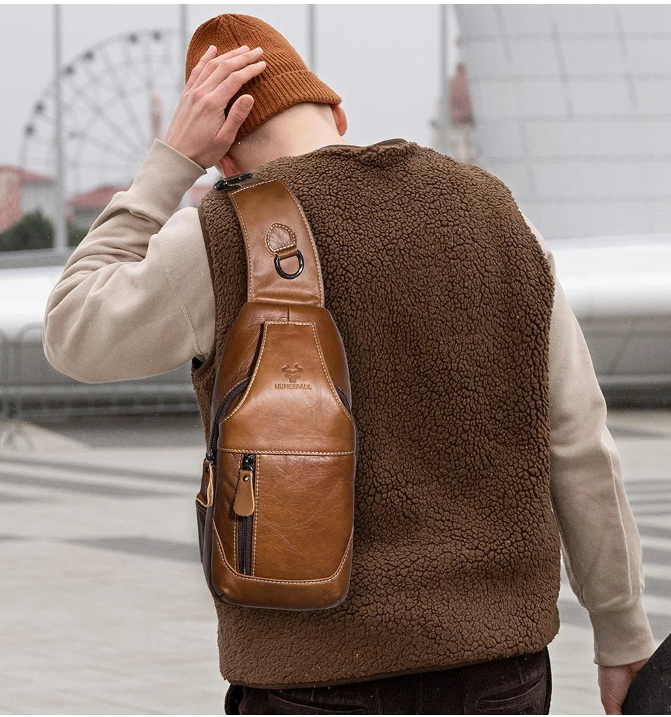 HUMERPAUL New Men's Chest Bag Crossbody Pack Genuine Leather Large Capacity Casual Messenger Bag Retro Men Handbag Shoulder Bag