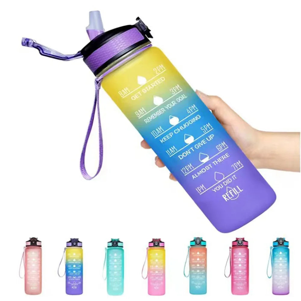 1L Gradient Color Motivational Sports Water Bottle with Time Marker Water Bottle with Straw for Office Exercise Gym Outdoor