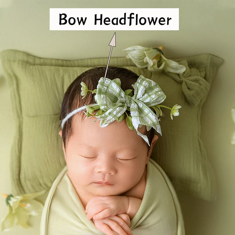 Green Theme Newborn Baby Photography Props Cute Bow Headflower Baby Posing Elastic Wrapping Cloth Background Blanket Accessories