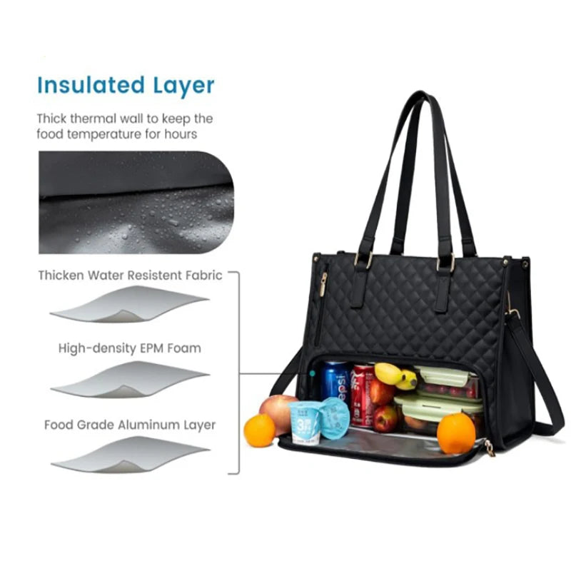 Women's 2-in-1 Insulated Lunch Bag Suitable for 15.6-inch Laptops Leak-proof Insulated Work Bag Waterproof Picnic Cooler Bag