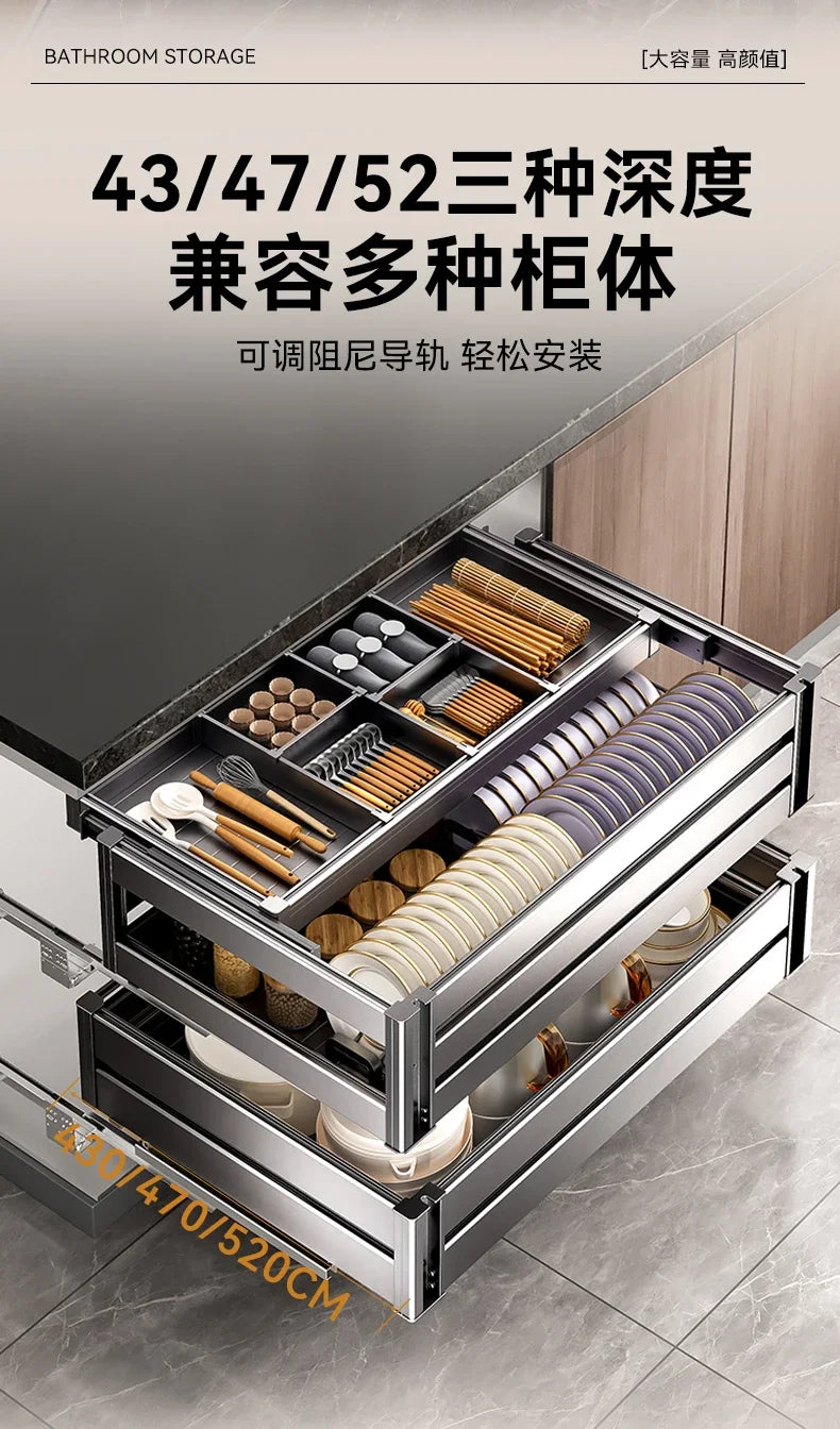 Kitchen Cabinets Dish Baskets Double Drawer Bowl Rack Seasoning Storage