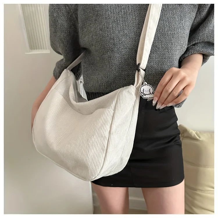 Women’s Corduroy Shoulder Bag Casual Striped Large Capacity Tote with Zipper Closure, Cute Hat Patch, Perfect for Everyday Use