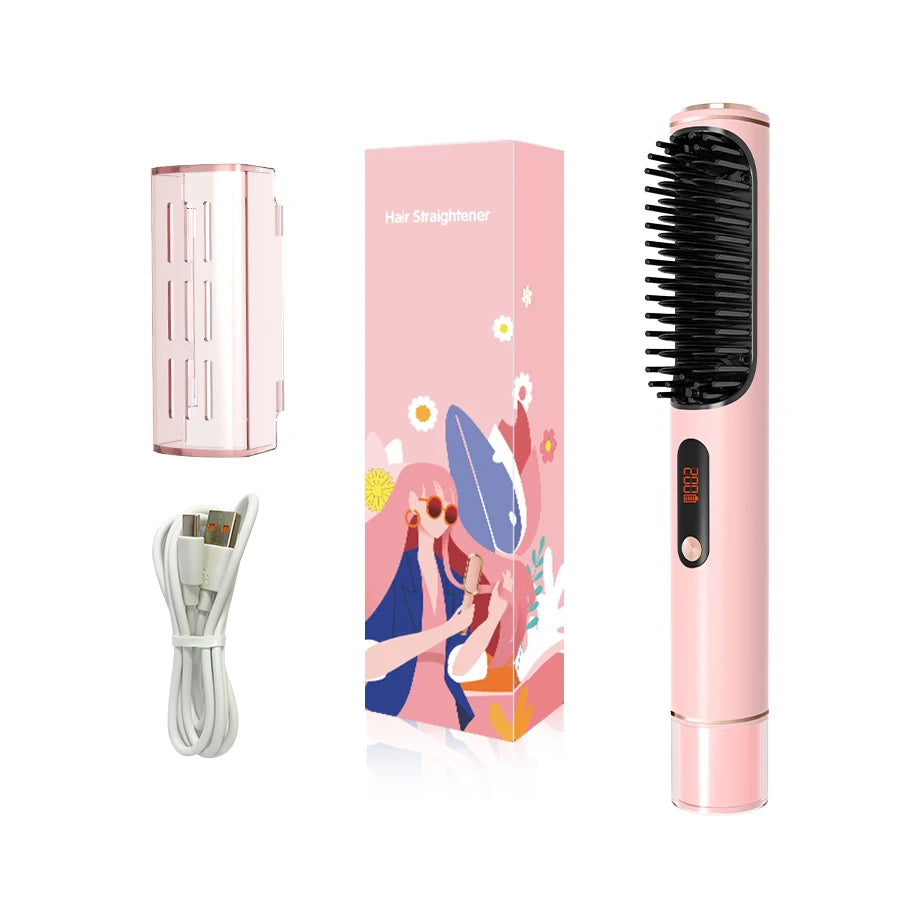 LED Hair Straightener Brush - Cordless Hot Air Styling Comb w/ Ceramic Ion Tech, Adjustable Temp & USB-C Fast Charge