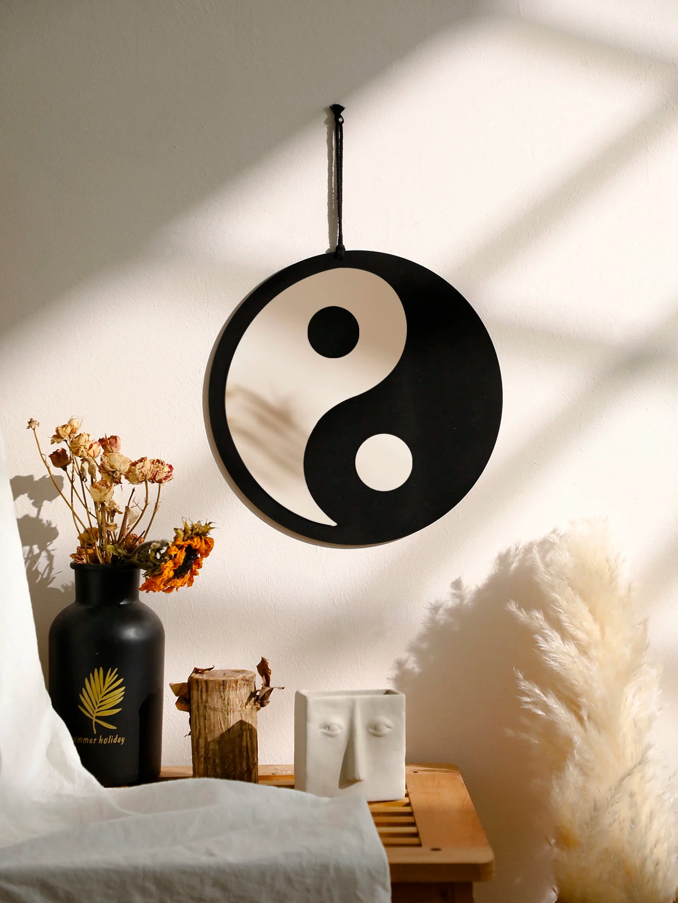 Wooden Mirror Home Decor Boho Wall Mirrors for Living Room Bedroom Tai Chi Yin Yang Wood Mirrors Room House Feng Shui Decoration