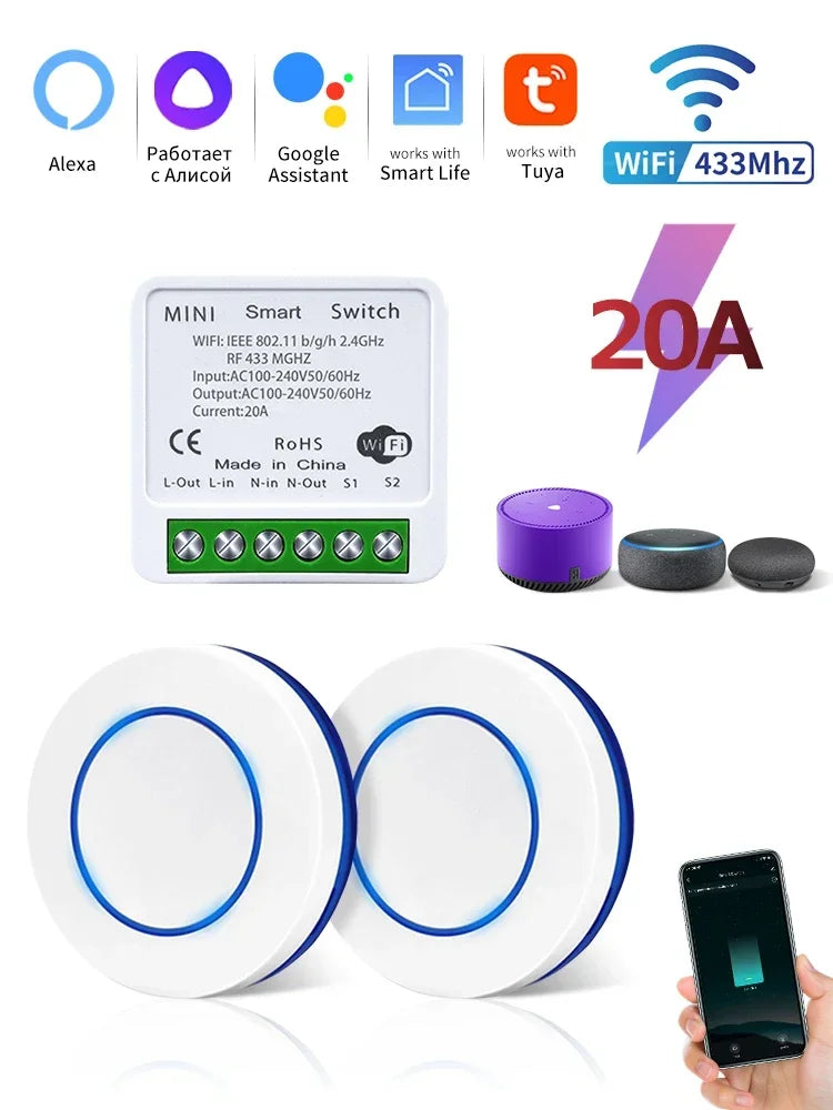 Tuya WiFi Smart Switch 16A RF 433Mhz Wireless Remote Control Push Button Switch Voice Control With Alexa Google Assistant Alice