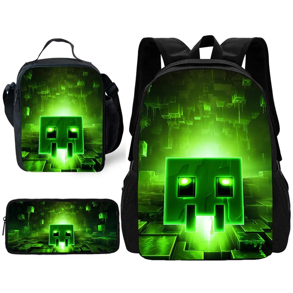 Child School Backpack Game Mine World M-MINE-CRAFTES with Lunch Bags ,Pencil Bags ,School Bags for Boys Girls Best Gift