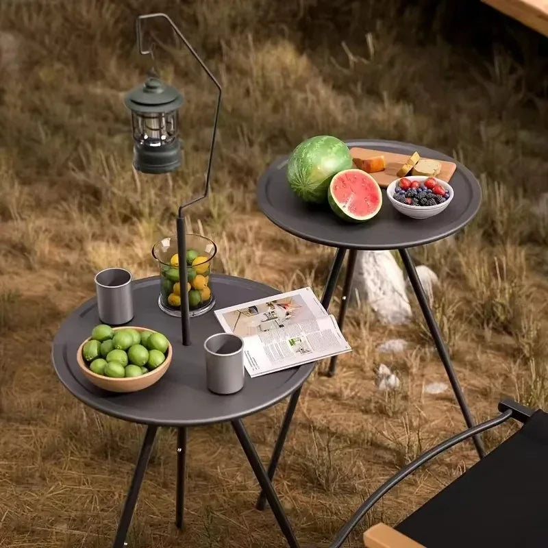 Tea Table Round Table with Lamp Outdoor Portable Stand Camping Elevated Leisure Foldable Picnic Garden Mini Coffee Dining Tables