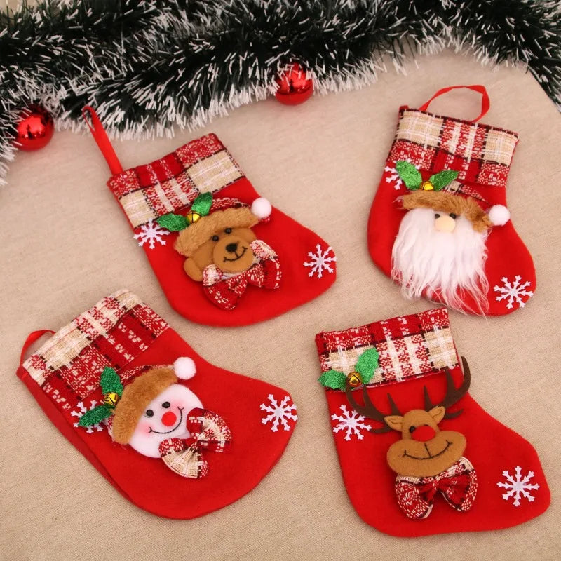 4PCS Red Christmas Stocking Brown Plaid Sock Mouth Santa Claus Snowman Reindeer Bear Doll Christmas Stocking New Year Home Decor