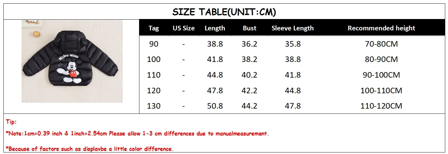 Mickey Mouse Kids Winter Hooded Coat New Lightweight Thermal Thicken Padded Jacket for Boys Girls Cotton Blend Zipper Outerwear