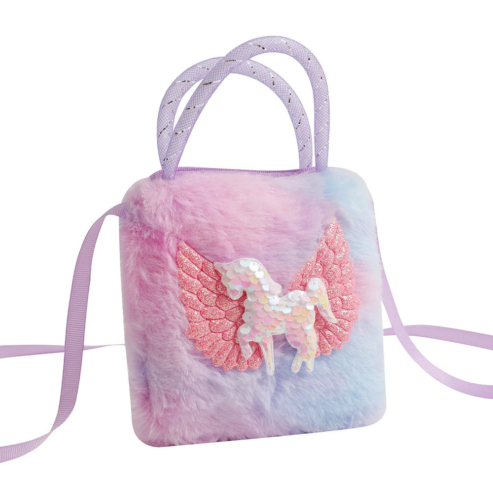 1 Piece Cute Furry Cartoon Kids Shoulder Bag for Girl Plush Shiny Cartoon Unicorn Crossbody Bag Baby Small Stuff Storage Bag