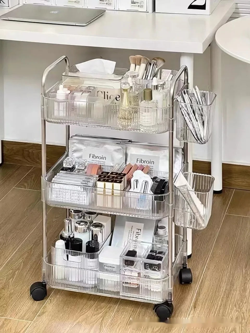 3 Layers Transparent Storage Rack Trolley Acrylic Rolling Cart with Hanging Basket Bathroom Acrylic Makeup Bookshelf organizer