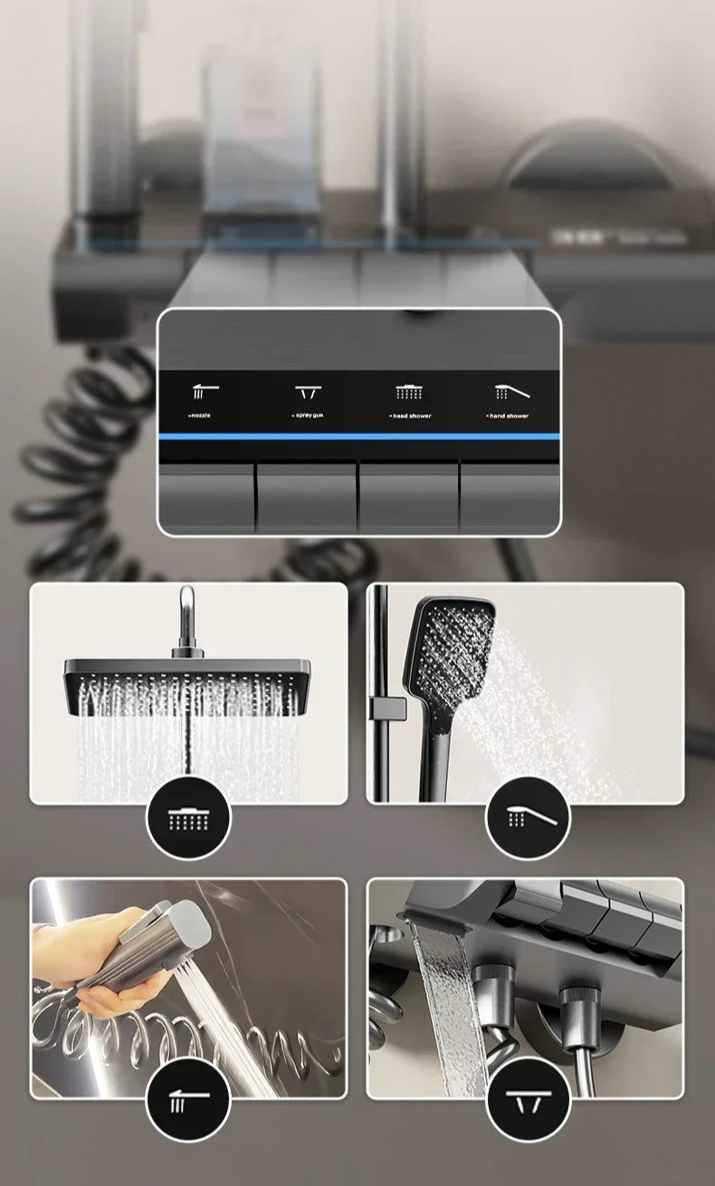 Smart Temperature Digital Display Shower Set Bathroom Wall Mounted Piano Key 4 Ways Water Outlet Rainlfall Shower Faucet System