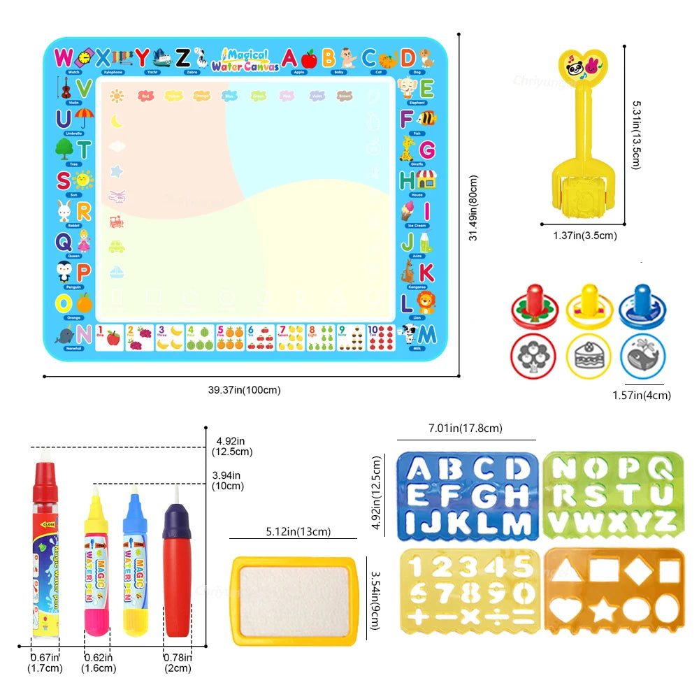 No Mess Kids Water Drawing Mat  Doodle Coloring Board with Magic Pens & Stamps Educational Montessori Toy Gift for Boys Girls