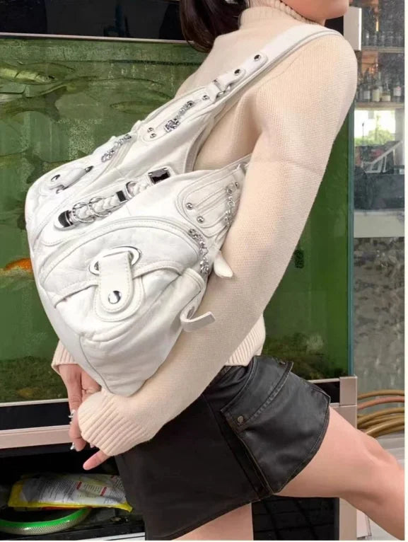 JIAERDI Vintage White Large Capacity Handbag Women High Street Leather Pocket Y2k Shoulder Bags Ladies Retro Purse Bagutte Bag
