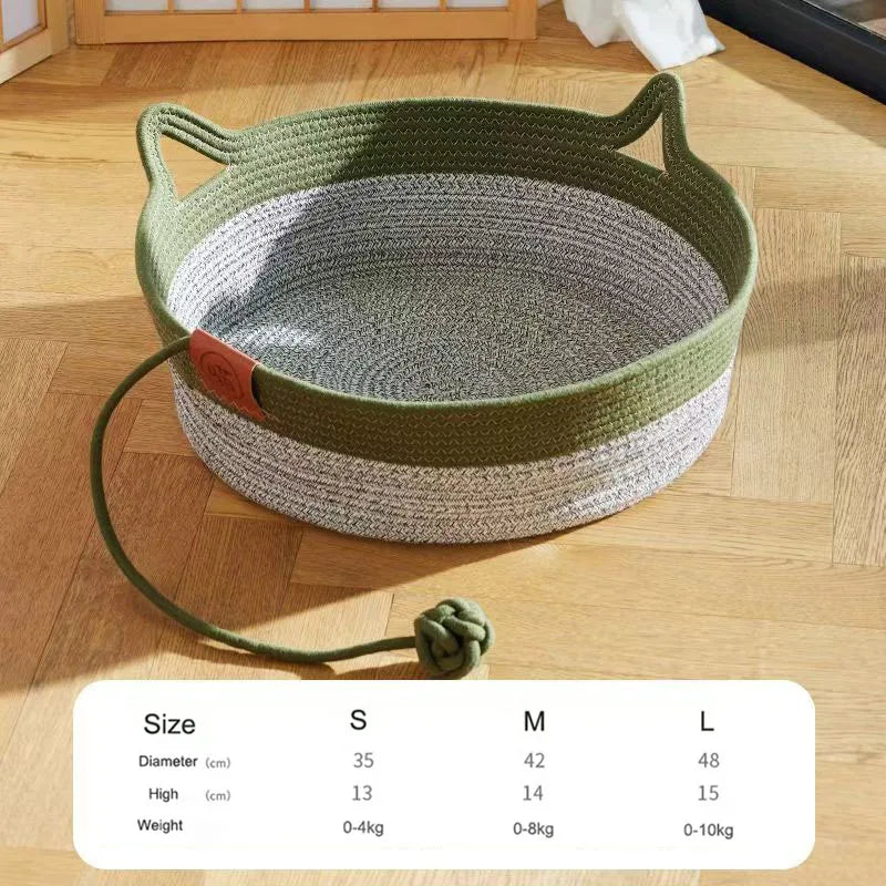 Japanese Pet Cat Bed Round Hand Woven Rattan Cat Beds Summer Cooling Kitten Basket Cotton Rope Cat Scratching Baskets