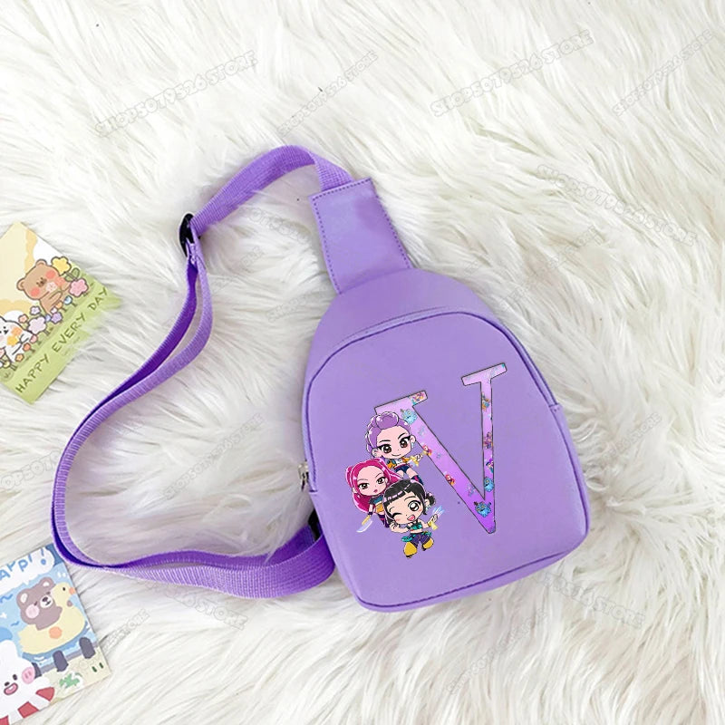 Kpop Demon Hunters Girl Crossbody Bags Letter A-Z Kids Shoulder Chest Bag Cartoon Phone Messenger Bags Birthday Christmas Gift