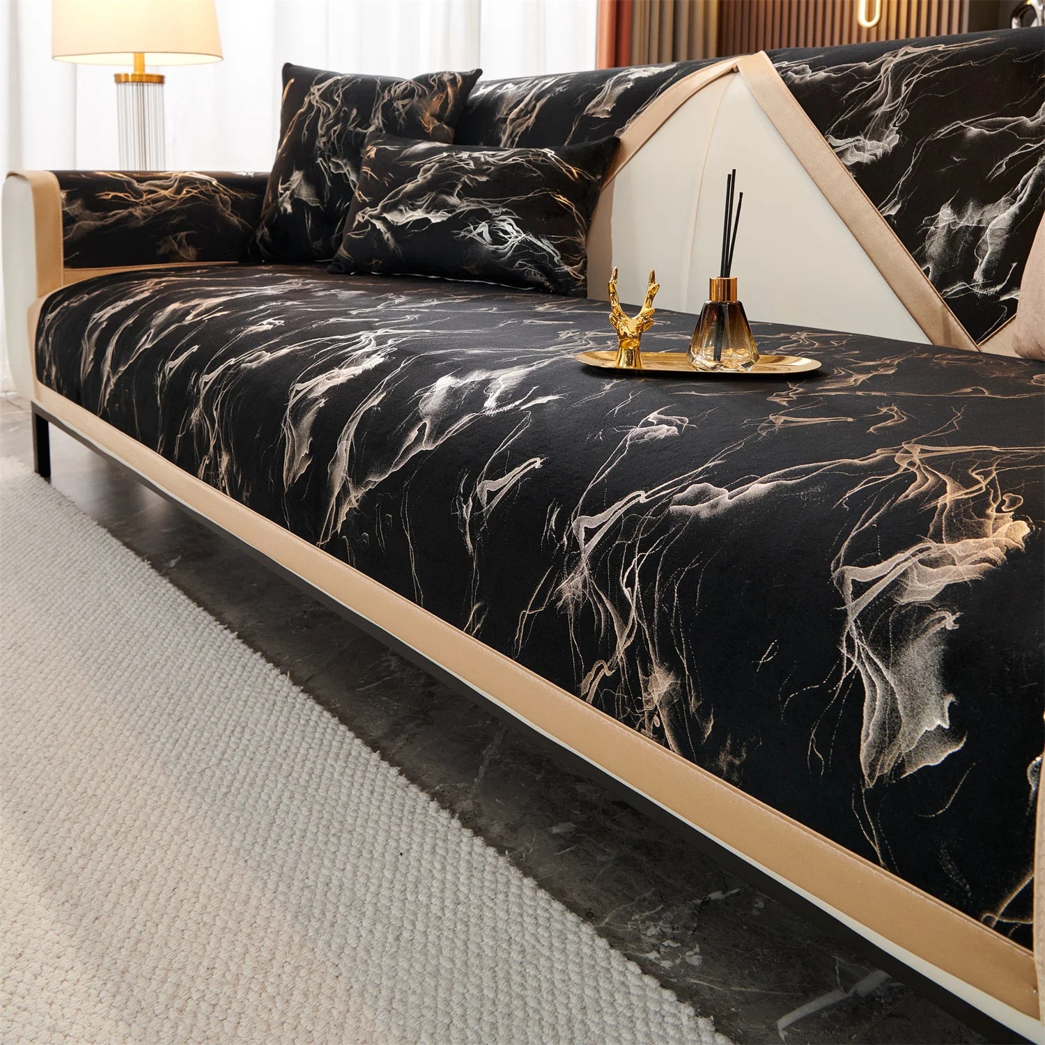 Marble Lines print velvet Sofa Cover for L Shape Sofa Covers Couch covers Slipcover Anti-Slip  Living Room 4 Seasons