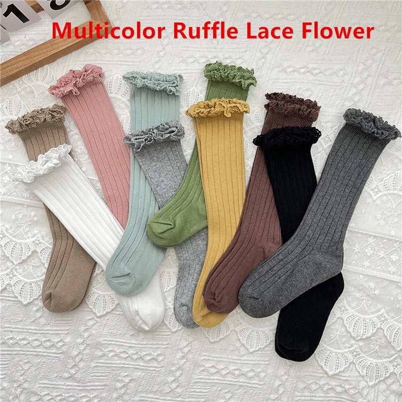 Girls Knee High Socks Baby Kids Toddlers Ruffle Long Soft Cotton Sock Lace Flower Children School Socks