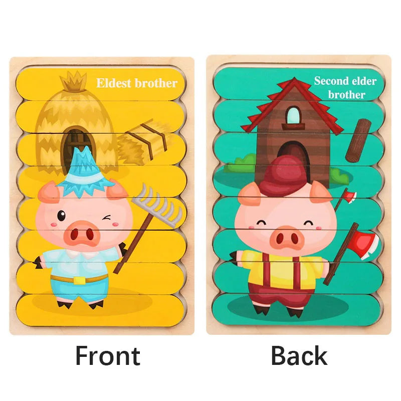 Cartoon Animal Double-sided Strip Wooden Puzzles Kids Montessori Jigsaw Game Baby Educational Toys for Children