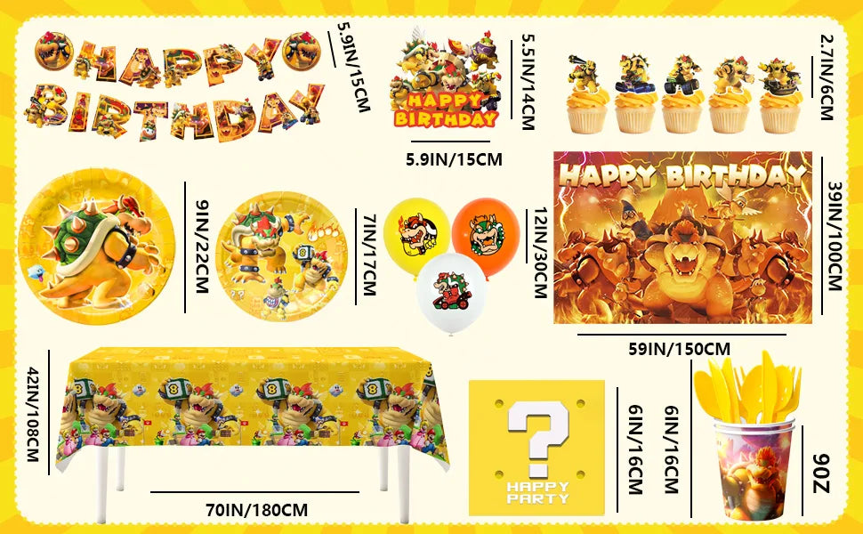 Party Supplies for Bowser Birthday,112pcs Decorations for King Kuppa party Banner,Plates,Cake Toppers,Tablecloths,Backdrop etc.