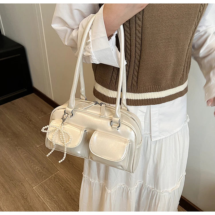 Solid Sewing Thread Fashion Glossy PU Shoulder Bags Baguette Versatile Hand Bags 2025 Hot Sale Bags for Women Bolsas Femininas