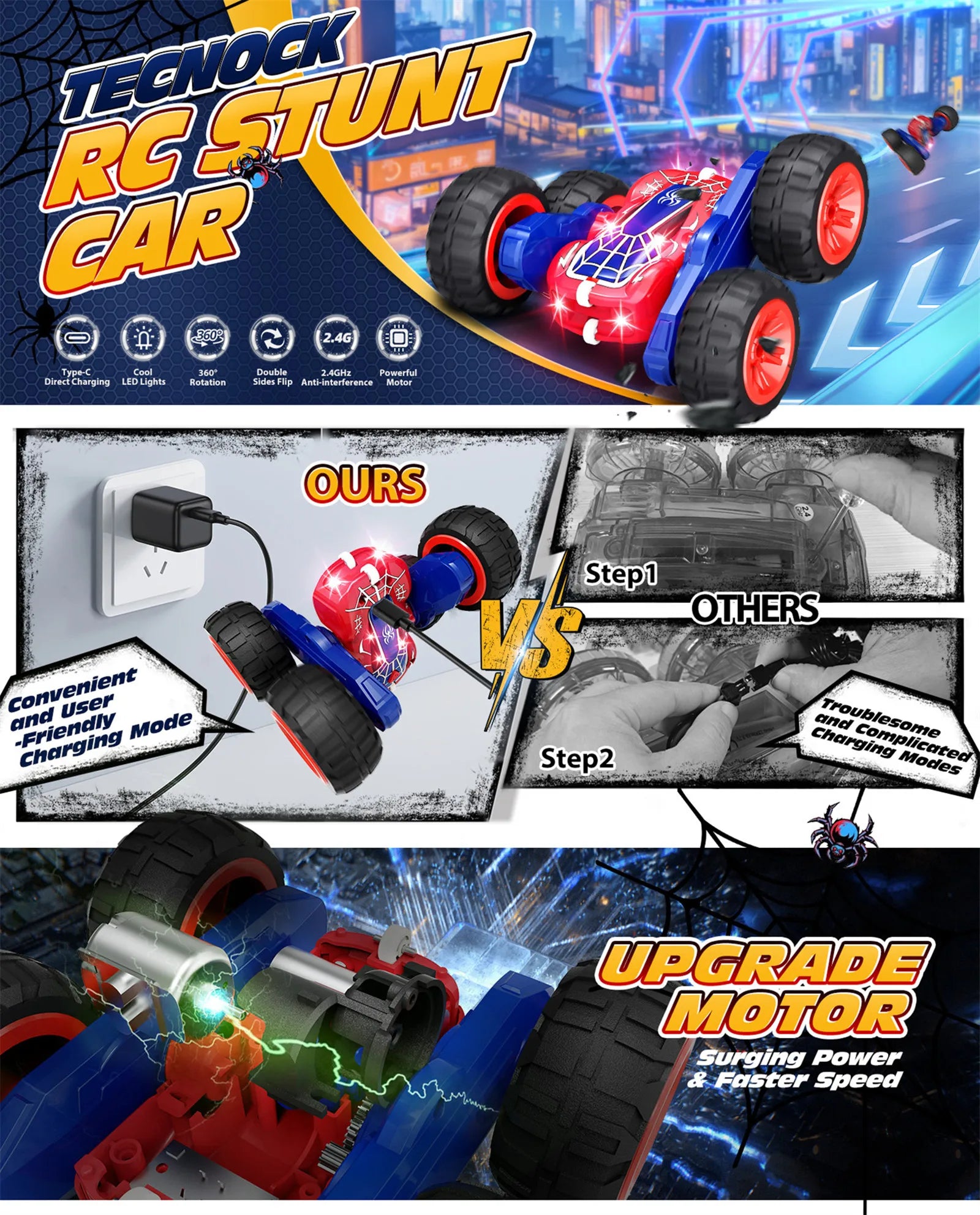 Remote Control Car, 2.4GHz RC Cars with Lights,USB-C Easy Charging RC Stunt Car, Kids Cars Toys Gift