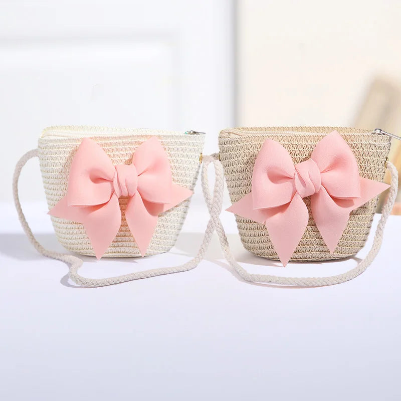 New Pink Bow Girl Bags Zipper Woven Straw Kids Princess Messenger Bags Outdoor Travel Keys Candy Crossbody Bags
