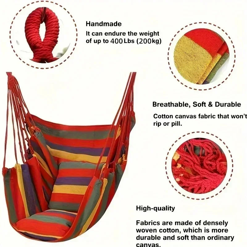 200KG Capacity Stripes Canvas Hammock Chair Thick for Garden Swing Seat Patio Camping Beach Dormitory Leisure with Storage Bag