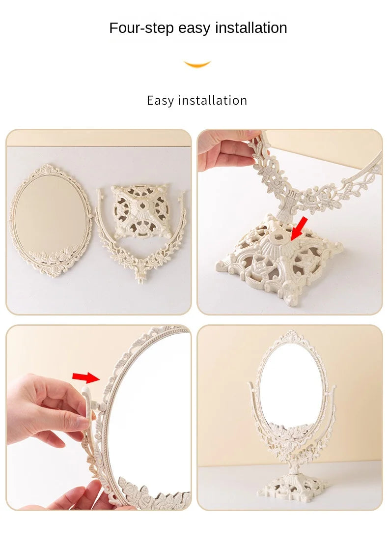 Retro palace style tabletop, rotatable tabletop, household standing makeup mirror, dormitory, student makeup mirror, girl