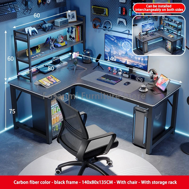 Modern L-Shaped Gaming Work Desk Chair Set Corner PC Table for Room Home Office Computer Desk and Chair Set Furniture with Shelf